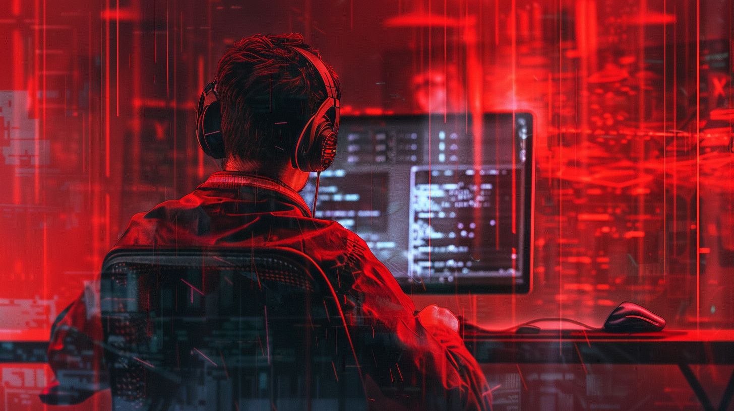A developer with headphones working on code in a red-lit room