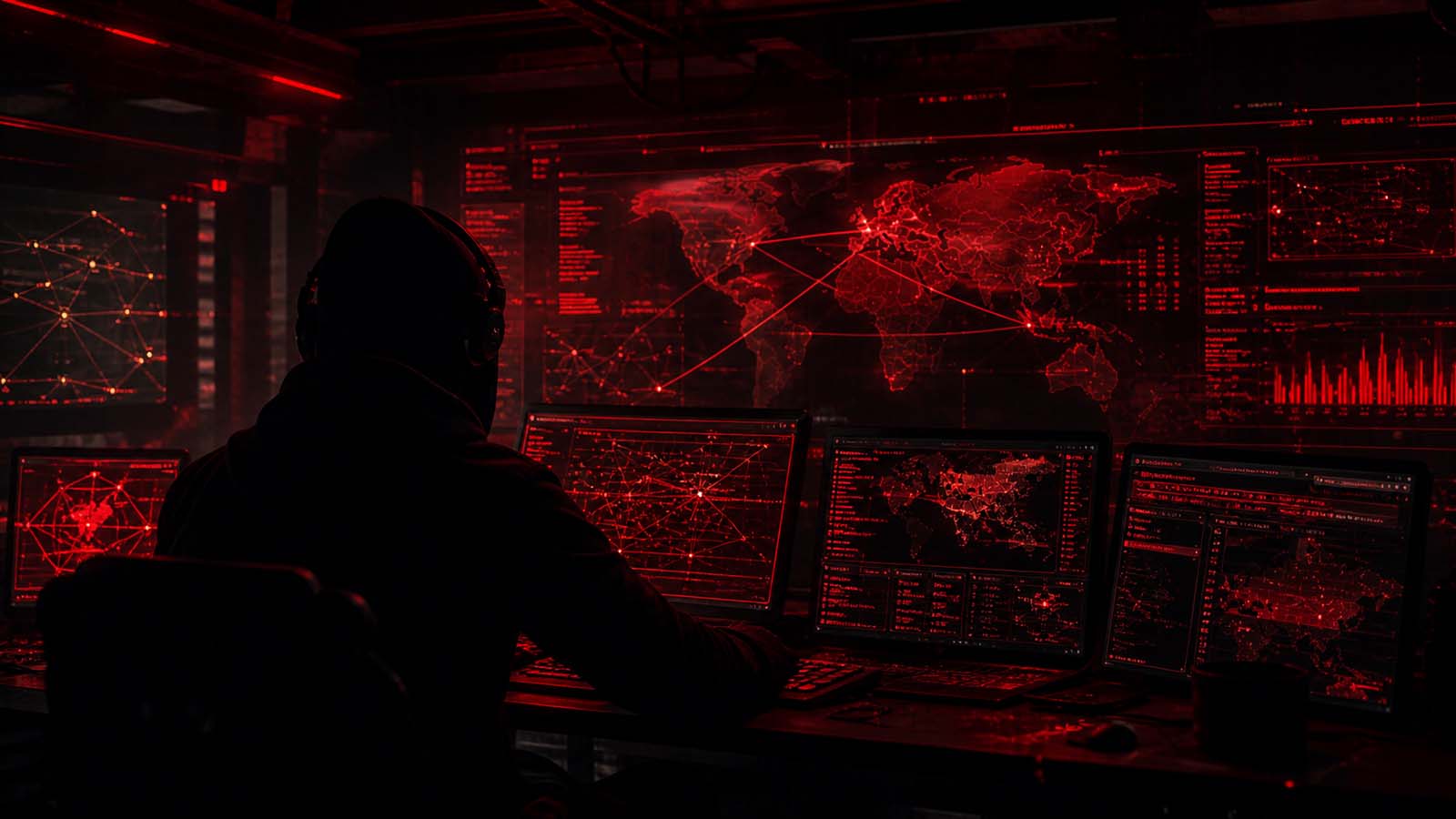 A team working in front of screens showing maps and live data