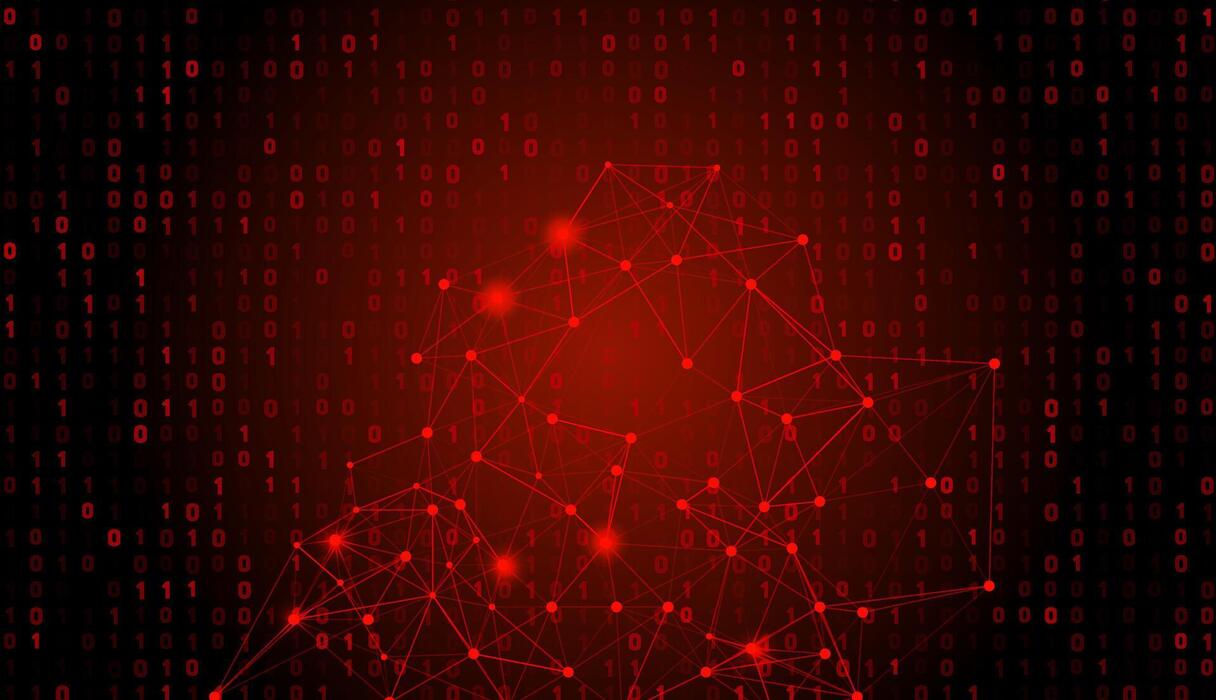 A red network of connected points over lines of binary code