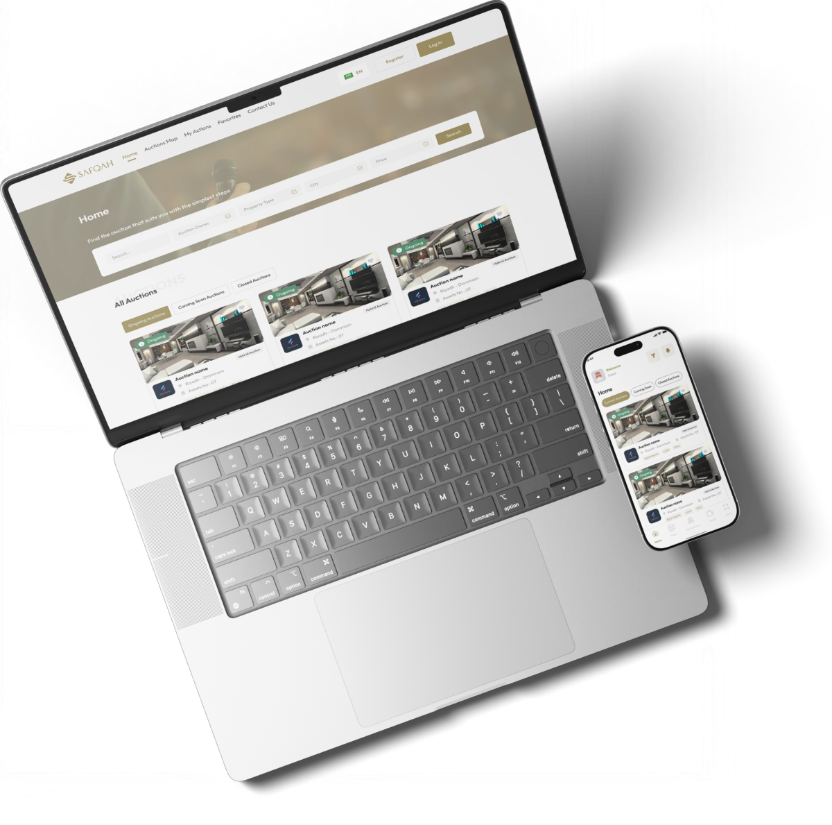 SAFQAH auction platform on a laptop and a phone